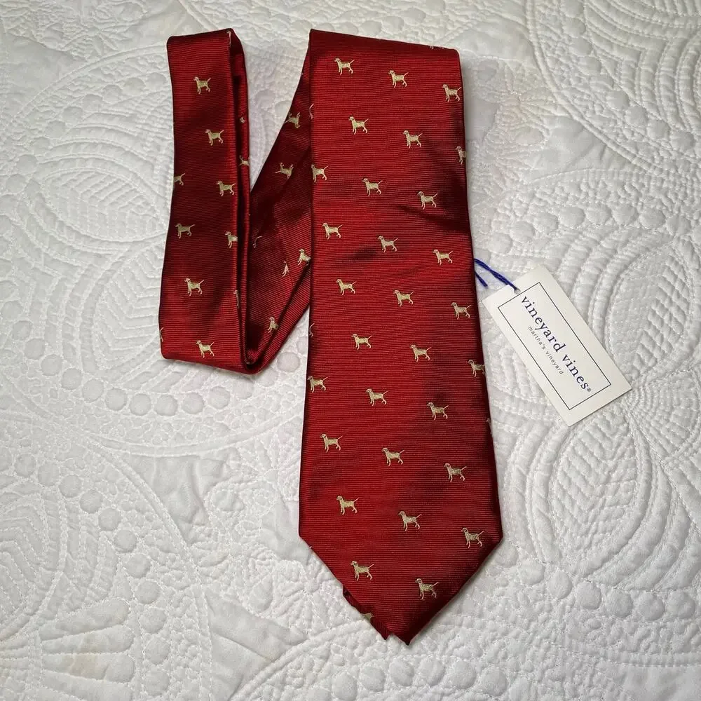 Vineyard Vines Red Silk Neck Tie Yellow Labs NWT Preppy Party Made in USA 58